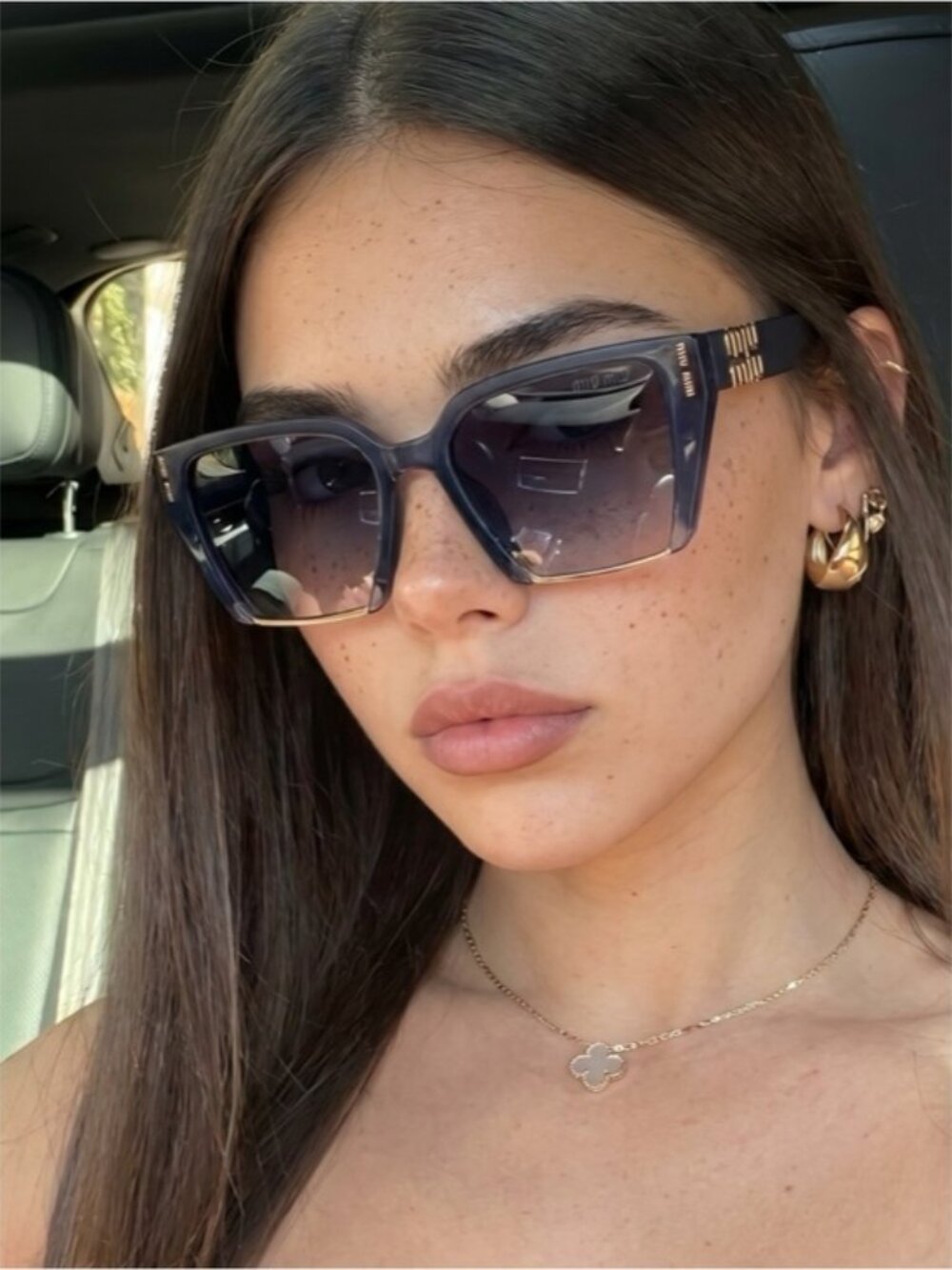 Miu Miu Dark Blue Gradient Oversized Square Sunglasses with Gold Temple Detail